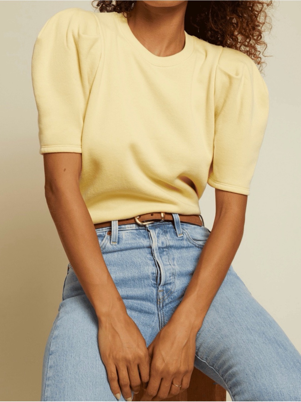 Nation LTD Pale Yellow Puff Sleeve Crewneck rTop